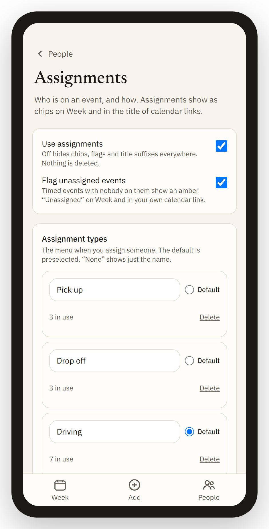 Assignment types settings: Pick up, Drop off, Driving and None, with one set as default