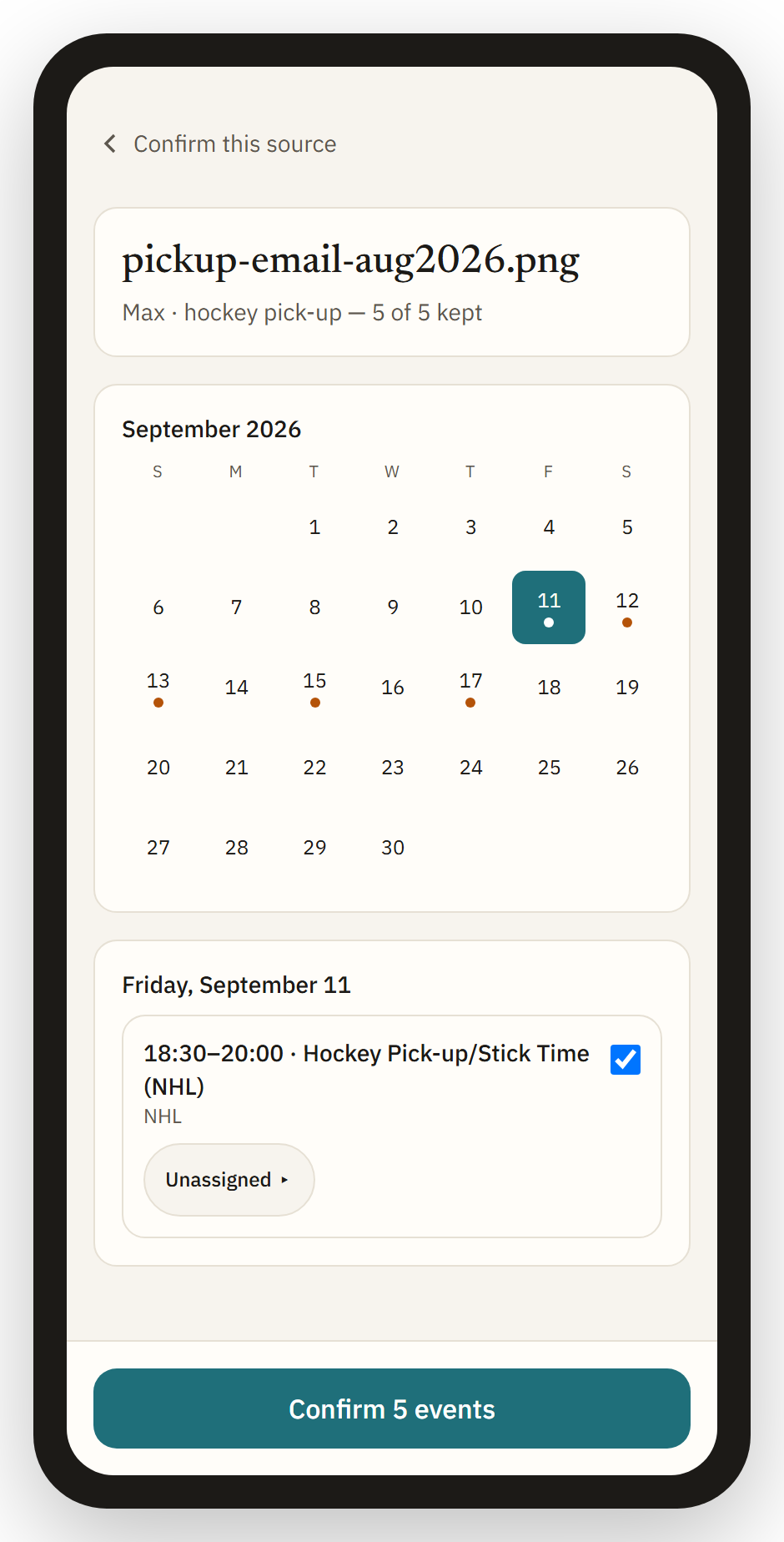 Review screen: a month grid with dots per event, and the selected day's rows to keep or fix