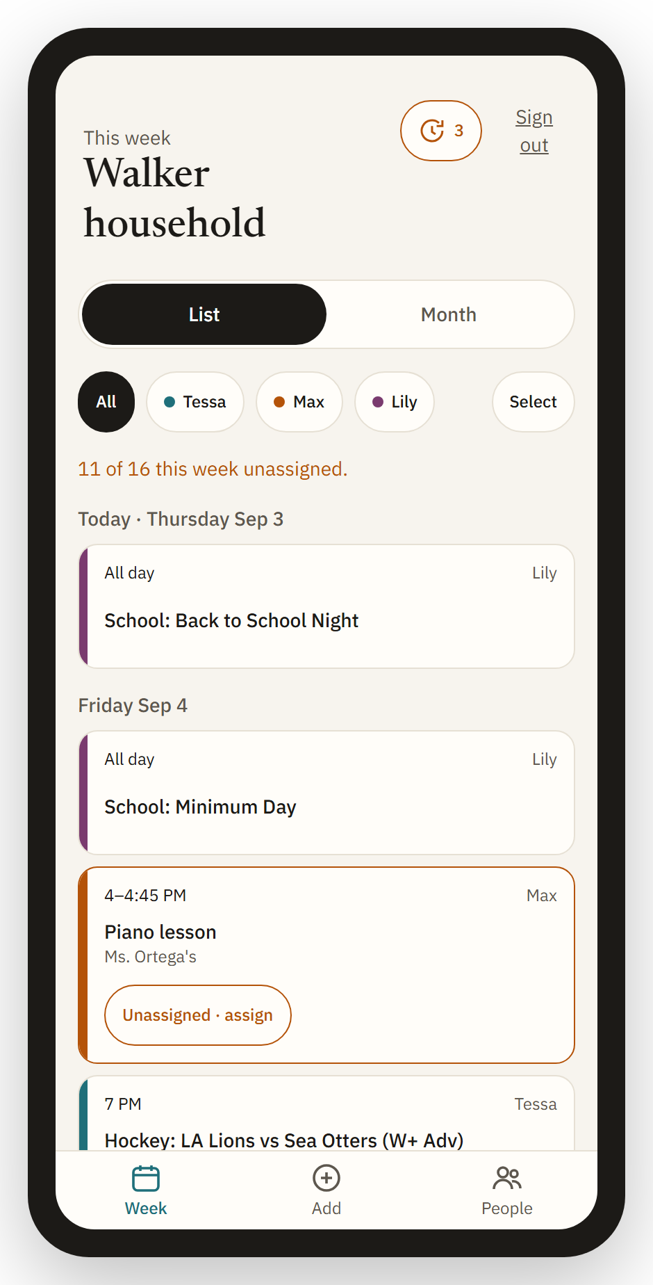 Week view: this week's events grouped by day, each with a label color and who is assigned